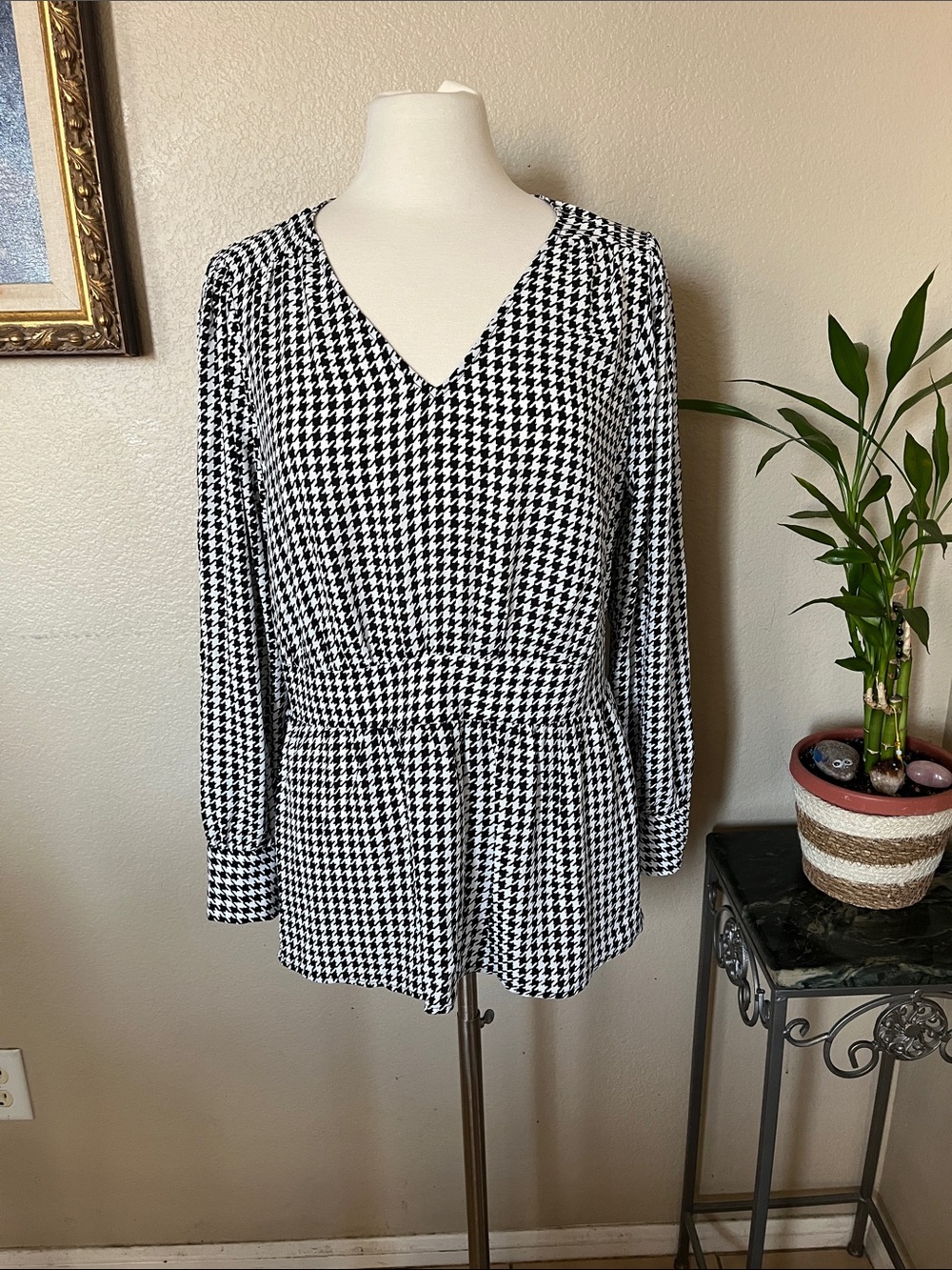 Lane Bryant Black and White Houndstooth Peplum Top
